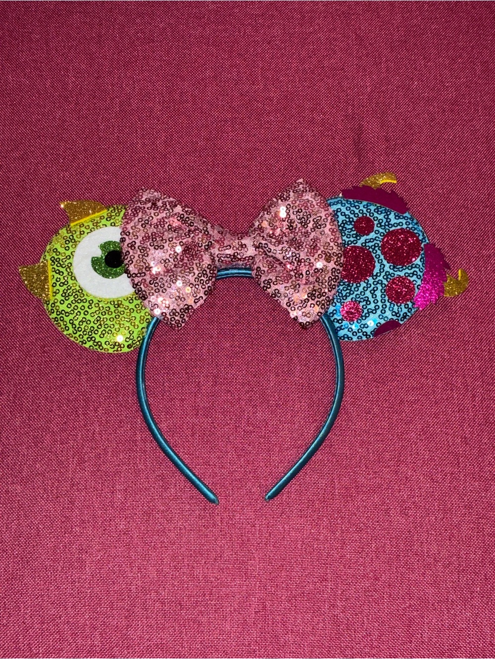 Disney Sequin Monster Ear Headband with Pink Bow and Blue Band